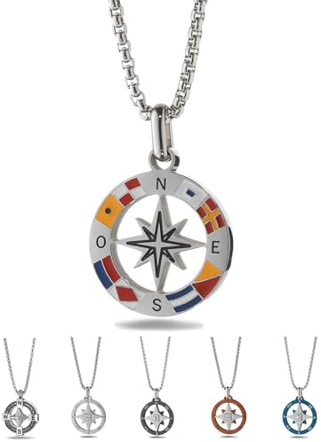inSCINTILLE Collana Uomo Acciaio Ciondolo Rosa dei Venti, Lunghezza Regolabile 48-53 cm, Confezione Regalo Inclusa, Collanina Uomo Pendente, Catenina (Rosa dei Venti e Bandiere Nautiche)