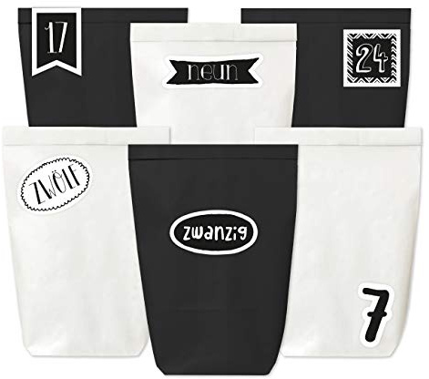 Calendrier de l'avent à remplir - 24 Sacs en Papier en Noir et Blanc Ainsi Que 24 Autocollants de Chiffres (Chiffres silhouettés) - à Faire soi-même et à remplir - Mini Set 158 - Noël 2021