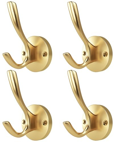 ZUONAI Gold Hooks 4 Pack Towel Hooks Gold Brushed Gold Wall Hooks Heavy Duty Metal Coat Hooks for Hanging Coats and Hat Hooks Wall Mounted Towel Hook for Bathrooms Color Varies by Lighting See Images