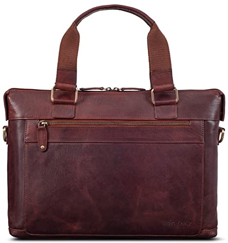 ROYALZ 'Atlanta' Laptop Umhängetasche Herren und Damen Flach in Cognac-Braun 14-15.6 Zoll Notebook Ledertasche Businesstasche Groß Vintage Look Aktentasche, Farbe:Roma Cognac Braun