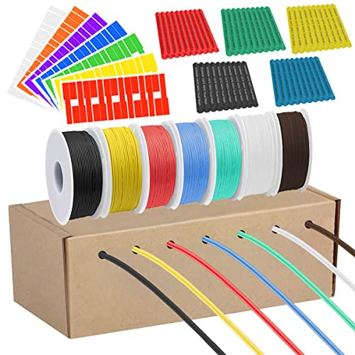 DAOKAI Filo in silicone calibro 24 600 V 24 AWG Fili in rame stagnato intrecciati 7 colori (nero, rosso, giallo, verde, blu, bianco, marrone) 10 m / 33 piedi Ciascun kit di cavi di collegamento
