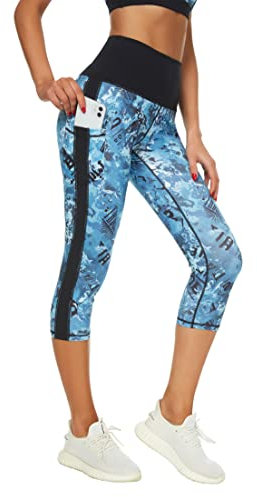 Buepeara Sport Leggings Damen Sporthose mit Taschen, High Waist Tights Laufhose Fitnesshose Für Sport & Alltag -Y2155 3/4 (Blau)/S