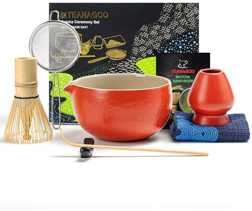 Tea Set (7pcs) Matcha Whisk Set Matcha Bowl with Pouring Spout Bamboo Matcha Whisk (Chasen) Scoop (chashaku) Matcha Whisk Holder Tea Making Kit. N19, Red, Matcha Green Tea Powder