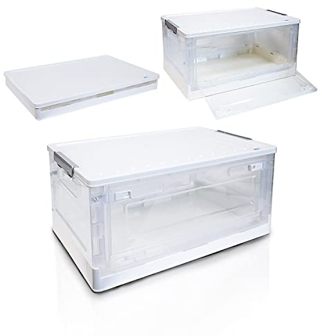 S.I.C Scatola Portaoggetti Trasparente Pieghevole con porta anteriore e posteriore,Scatole Immagazzinaggio Plastica,Organizer per Bagagliaio Auto,Armadi,Casa,Dispense,Ufficio (42x28x21 cm, Bianco A)