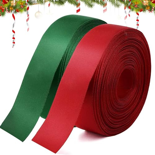 2 rullar jul-satinband, 25 mm x 22 m julband, presentband band jul dekorband, röd/grön presentband för juldekoration bröllop födelsedagsfest