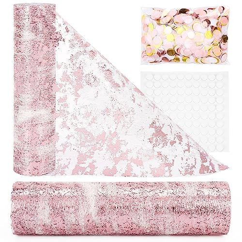 Onlyesh Tischläufer Rosa, 28CM × 20M Tischläufer, Tischläufer Hochzeit mit 20g Konfetti und 100 Stück Doppelseitig Klebepunkte, für Partys, Hochzeiten, Kommunionen, Taufen