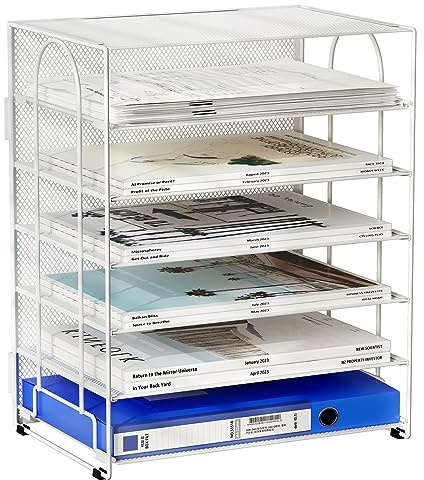 EasyPAG 6 Niveles Metal Malla A4 Bandeja Archivo Organizador Revistero Almacenamiento Papeles Soporte Documentos Clasificador Escritorio Estante Cartas,Blanco