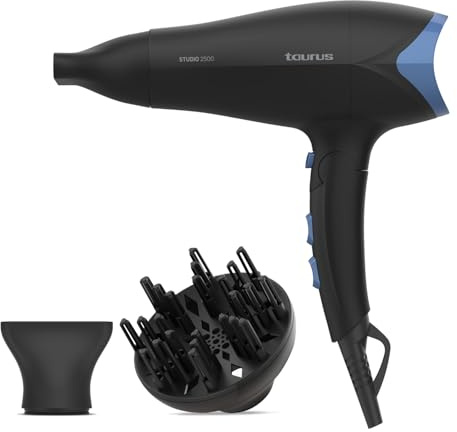 Secador pelo Taurus - Studio 2500 | incluye Concentrador y difusor | 2400 W de potencia | Plegable y compacto | Muy ligero | función de aire frío | Filtro extraíble