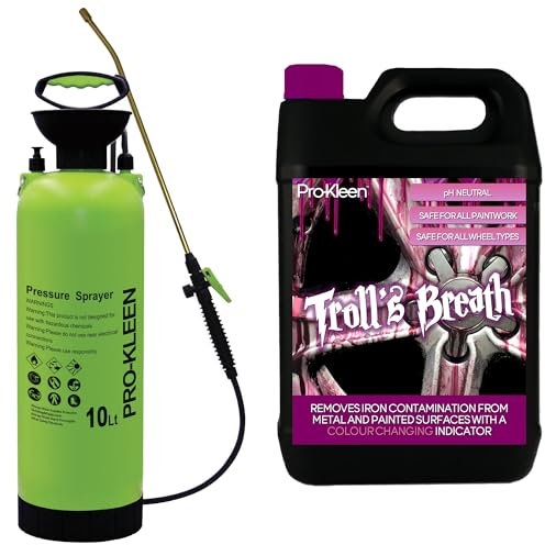 Pro-Kleen Troll’s Breath Iron Fallout Contamination Remover – Safe to use on all Wheels, Paintwork, Glass & Metal, pH Neutral, Colour Indicator with 10L Garden Pump Sprayer