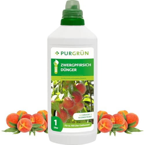 Purgrün® Bio-Zwergpfirsich-Dünger 1 Liter – Organische Rezeptur – Premium-Flüssigdünger – NPK 4+1+7 – Mit Algenextrakt & Vinasse – Extra Kalium für saftige Pfirsiche – Ohne tierische Inhaltsstoffe