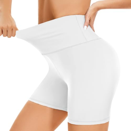 BLONGW Cycling Shorts Women- High Waisted Biker Shorts Tummy Control Yoga Gym Workout Athletic Running Sports Short Leggings UK （White,S-M）