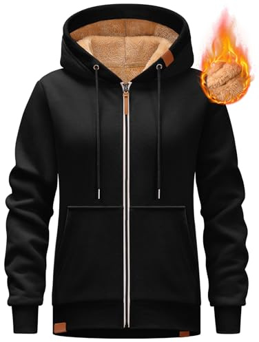 Lonya Sweatjacke Damen Zipper Hoodie Fleecejacke Kapuze Winter Sweatshirt Pullover Kapuzenjacke mit Reißverschluss Schwarz,M