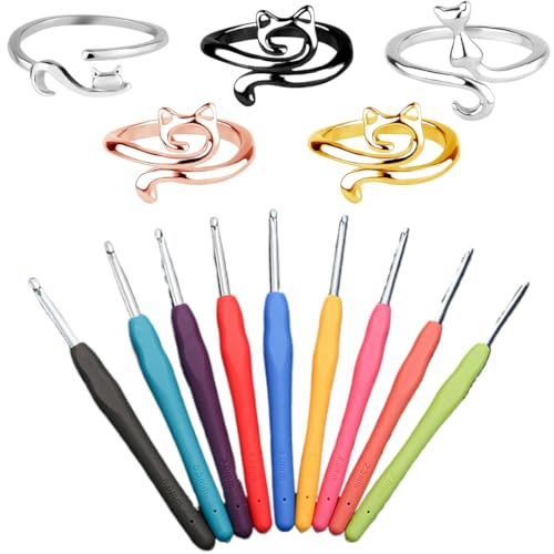 EIYVPRA Aiguilles à Crochet, Crochets Multicolores en Aluminium avec Poignée en Caoutchouc - paquet de 9 pièces Livré avec 5 anneaux au crochet, aiguille crochet, crochet ergonomique, crochets