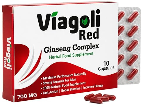 Viagoli Red Ginseng 700mg Capsules for Men | Stronger | Longer | Performance, Vitality & Endurance Support for Men | Libido Support | Extra Strenght Herbal Energy & Stamina Booster | 10 Capsules
