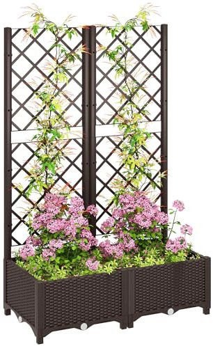 Outsunny Raised Garden Bed with Trellis, Plastic Planter Box with Drainage Holes, Drain Plugs and Water Reservoirs for Climbing Plants, Vegetables, Flowers, Brown