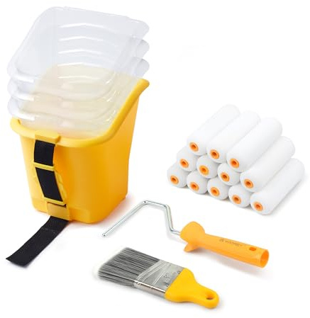 Voomey Paint Bucket Hand Held - Integrated Magnetic Brush Grip, Paint Cup with 4 Inch Mini Foam Paint Rollers, Paint Brush, Suitable for Decoration, Repairs, Small Paint and Coating Projects