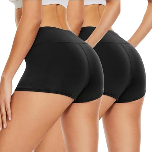 JiaYouLC High Waisted Mini Pants, Women's Stretchy Anti Chafing Shorts Yoga Gym Cycling Sports Running Workout Hot Pants (UK, Alpha, S, M, Regular, Regular, Black+Black, 2.5 Inseam)