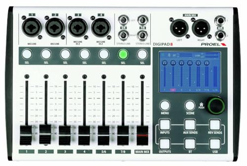 Proel DIGIPAD8 - Mixer Consolle di mixaggio digitale professionale con interfaccia di comando WI-FI incorporata, per tablet o PC con l'app dedicata per iOS, Android, MacOS e Windows, Bianco