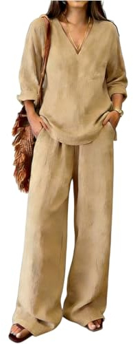 Ensemble Femme Chic Et Elegant en Lin Ete Deux Pièces Grande Taill Chemise Manches Longues Col V Et Décontracté Pantalon Taille Tenue Couleur Unie Ensemble Pantalon Léger de Plage Jogging Outfit Set