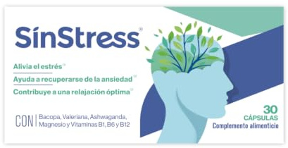 SinStress 30 Cápsulas Antiestrés con Ashwagandha, Magnesio, Bacopa, Valeriana y Vitaminas B6 B12 – Suplemento Natural para Reducir el Estrés y Mejorar la Relajación