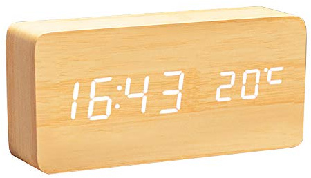 ThreeH Alarm Clock Digital,3 Set of Alarm and Voice Control Fashion Desk Wooden Alarm Clock with Temperature Display for Home,Kitchen,Office Desk Clock AC11 Yellow_White