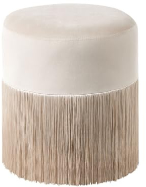 Modern Dekorativ Sittpuff med Tofsar Rund Beige Taupe Boho Schäslong Virginia