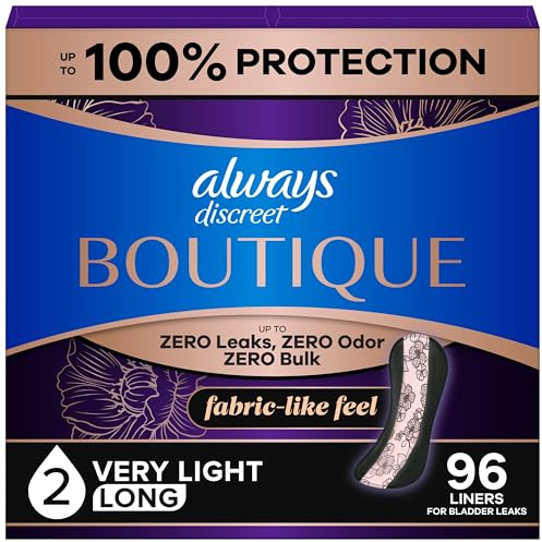 Always Discreet Boutique Incontinence Panty Liners for Bladder Leaks, Size 2, Very Light Absorbency, Long Length, 96 Count (3 Packs of 32)