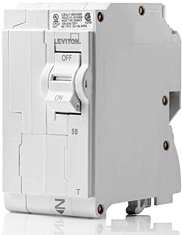 Leviton 50A 2-Pole Plug-On Standard Branch Circuit Breaker, Thermal Magnetic, 120/240 VAC, LB250-T, White