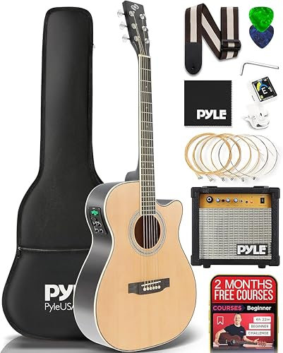 Pyle Elektroakustik Gitarre 4/4 Komplettset für Anfänger – Westerngitarre mit Tonabnehmer, 10W Verstärker, Tasche, Stimmgerät, Gurt & Ersatzsaiten – Akustik E-Gitarre Reisegitarre