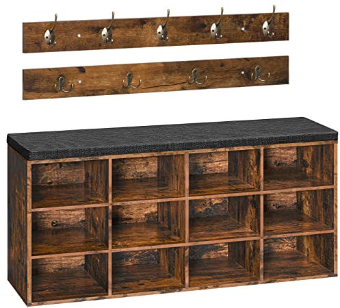 HOOBRO Garderobe Schuhregal Set, Schuhbank mit 12 Fächern, Schuhregal mit gepolsterter Sitzbank, Wandgarderobe mit 9 Haken, Schuhschrank für, Eingangsbereich, Schlafzimmer Vintagebraun EBF112HX01G1