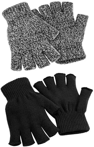 Cooraby 2 Pairs Unisex Warm Half Finger Gloves Winter Fingerless Gloves (L for Adults, M for Teens, S for Kids) (Black, Black and White, Large)