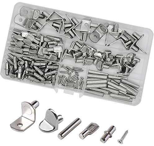 WeqeYent 132 Pcs 6 Style Shelf Bracket Pegs Kit Shelf Support Pegs Studs Metal Shelf Pins Nickel Plated for Furniture Cupboard Closet Bookcase Shelf