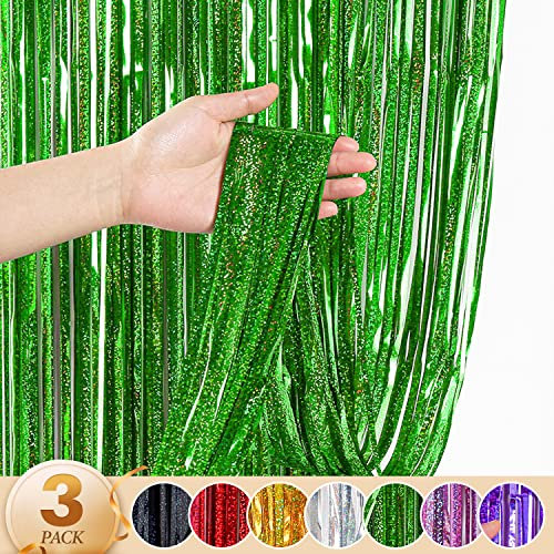 WenYa 3 Pack Green Foil Fringe Curtains Party Decorations, 3.3ft x 6.6ft Glitter Fringe Rain Curtain, Photo Booth Backdrop Tinsel Curtain Streamer for Wedding Christmas New Year Celebration Party