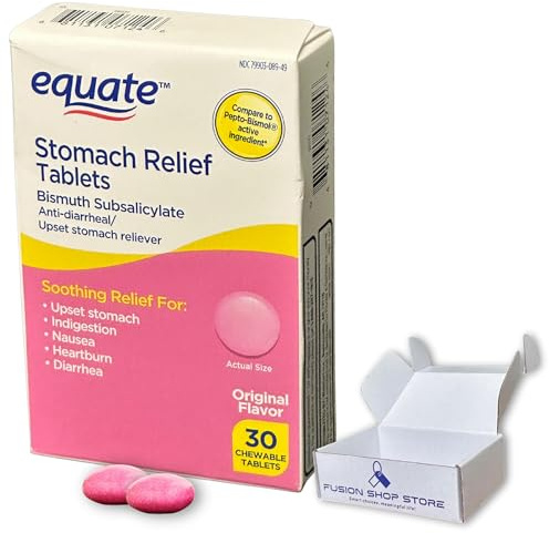 Bismuth Subsalicylate- Stomach Relief chewable Tablets 262mg 30 Tablets (1 Pack), Boxed by Fusion Shop Store
