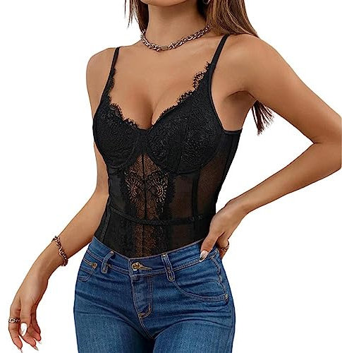 Rongseng Body Damen Sexy Spitze Transparenter Sheer Mesh Bodysuit Top V Ausschnitt Spaghettiträger Bodys Slim Stretchy Jumpsuit Netz Unterziehbody Mode Rückenfrei Oberteil