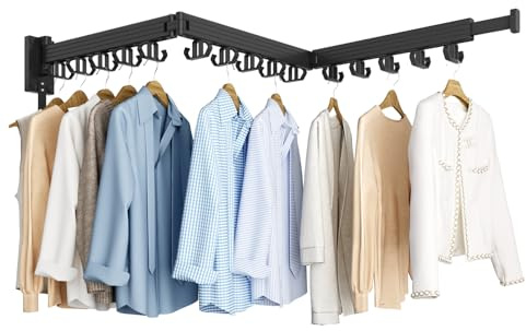 Kelisiting Clothes Drying Rack, Wall Mounted Laundry Drying Rack, Upgrade 3-Fold Foldable Collapsible Retractable Clothing Drying Rack with 12 Dual Hooks Organization for Laundry Room Indoor- Black