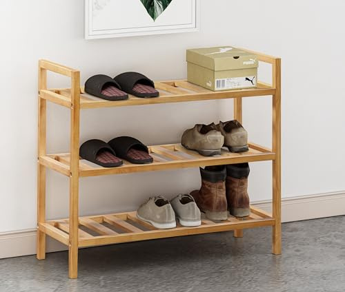 Hallowood Furniture Aston 3 Tier Shoe Storage, Stackable Oak Effect Shoe Rack for Hallway or Entryway, Compact Wooden Shelf Organiser for Living Room Fits Up to 9 Pairs of Adult Footwear