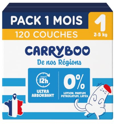 CARRYBOO - Couches Taille 1 (2-5kg) - Saines et Ultra Absorbantes - 12h Anti Fuites - Sans substances indésirables - Fabriquées en France - Prix Accessible - 120 Couches Jetables - Pack 1 Mois