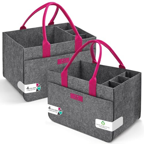 Eurhomewit Filt shoppingkorgar, filtväska, shoppingväska med fack, filtväska, stor 30 l, vikbar flaskväska, vedväska, klädkorg, leksaksväska (Smiley mellangrå magenta/2 stycken)