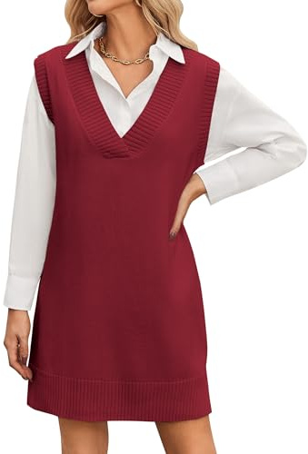 Zeagoo Vestido de punto para mujer, sin mangas, cuello en V, vestido de punto, chaleco de punto, vestido sobre blusa, elegante, para otoño e invierno, suave, vestido de jersey a la moda, rojo, M