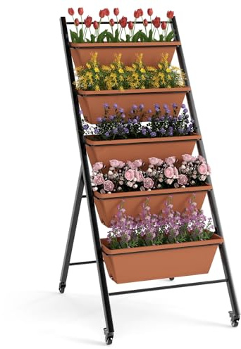 HOMASIS Jardinera de Balcón de 5 Estantes con 4 Ruedas, Estante para Plantas con 2 Ruedas con Freno, Carro para Plantas, Flores, Verde, Jardín, Balcón, Jardinera de Patio (Marrón, 57 x 74 x 132 cm)