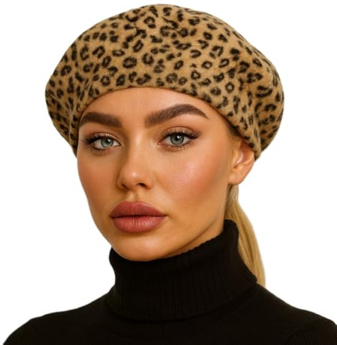 London Design Leopard Print Beret, Angora Wool Blend, Beige and Black, One Size, Hat