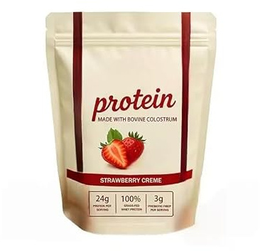 Proteína de suero en polvo alimentada con pasto - Bayas y crema - Elaborada con fresas orgánicas y leche de coco - Sin gluten y sin azúcares añadidos