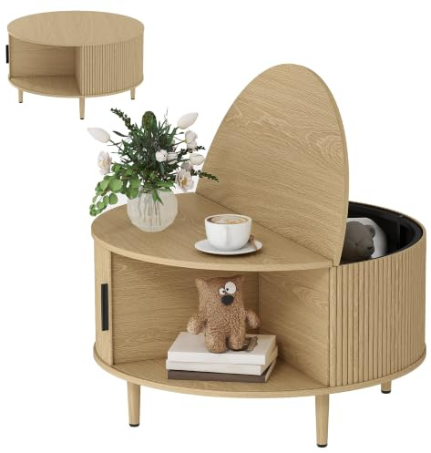 HOMCOM Table Basse Ronde Ø 80 cm Plateau Relevable Effet Bois Naturel