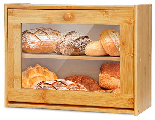 Bamboo Bread Box Countertop Bread Bin 2-Layer Dry Food Container Kitchen Storage Crock Tin Keeper with Drop Down Front Acrylic Window Pastries Loaf Storage Shelf Self-Assembly for Jam Dry Food Fruits