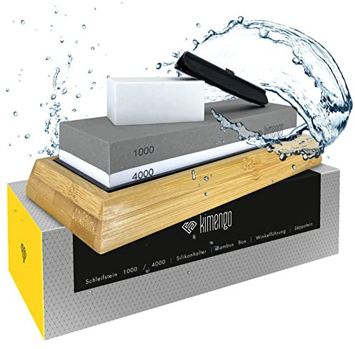 KIMENGO Schleifstein Körnung 1000/4000 [PROFI SET] 2-in-1 Wetzstein Messer schärfen, doppelseitiger Abziehstein, rutschfeste Kautschuk-Unterlage, Läppstein, inkl. eBook [DE], Schleifstein Messer