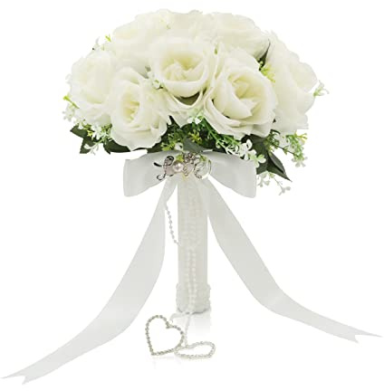 LEIFENY Wedding Bouquets for Bride, White Bridal Bridesmaid Wedding Flowers with Silk Ribbon and Rhinestones, Artificial Toss Rose for Civil Ceremony