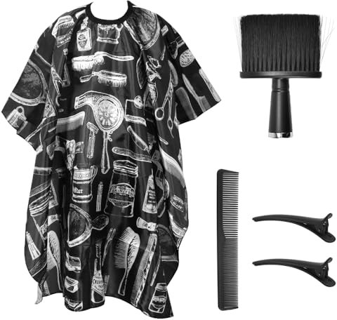 ADERTOS Frisierumhang Haarschneideumhang aus Taft Erwachsene Haarfärbeumhang Barber Cape Verstellbar Haarschneide Umhang Haar Salon Cape Frisörumhang mit Nackenbürste Haarkamm Haarspange für Barbier