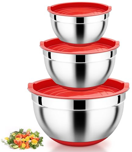 Homikit Rührschüssel mit Deckel, 3-teilig Edelstahl Schüssel Salatschüssel Set für Küche, 1L / 2,5L / 4,5L, Spülmaschinenfest, Stapelbar, Rot