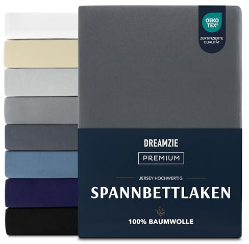 Dreamzie Premium Spannbettlaken 90x200 cm, Spannbetttuch für Dicke Matratzen bis zu 22 cm, Bettlaken 100% Jersey Baumwolle, 150 g/m², Oeko-TEX Zertifiziert - Dunkelgrau